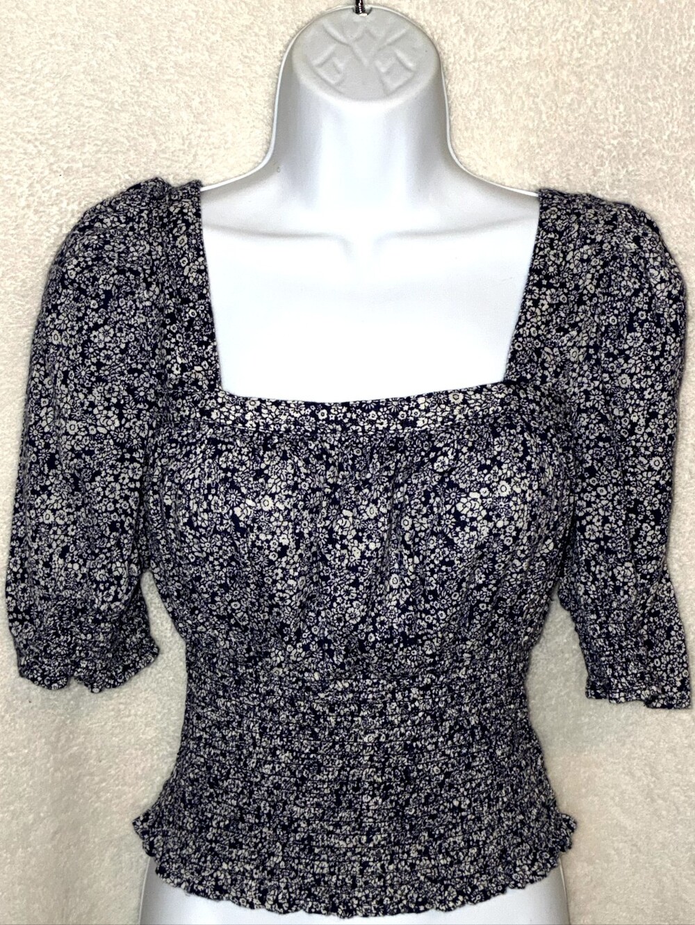 Universal Thread Navy Floral Square-Neck Smocked Top